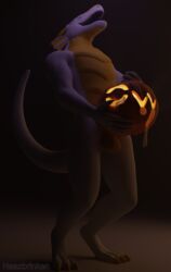 3d absurd_res anthro balls black_penis bodily_fluids charles cum dragon erection food fruit fucking_pumpkin genital_fluids genitals gold_scales grey_body grey_scales haazbrinken halloween hi_res holidays male male_only open_mouth penis plant pumpkin scales scalie simple_background solo western_dragon