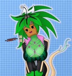 1girls big_breasts blaster_master blue_background blush bodysuit breasts cleavage female female_only flora_fauna green_hair kanna_(blaster_master) looking_at_viewer mob_face plant_girl plantie pot solo suggestive_look tail terton text watermelon_bra watermelon_nets zipper