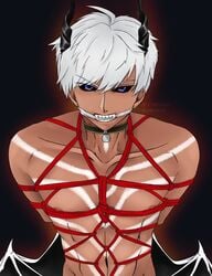 abs angry belly_button bondage collar collarbone demon demon_boy demon_horns demon_wings gag gagged hands_behind_back male male_only malesub mammon_(obey_me) obey_me!_one_master_to_rule_them_all simple_background submissive_male teasing