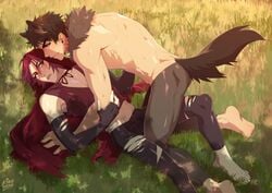 2boys anthro aqua_eyes big_bad_wolf blush brown_fur brown_hair enjoipandas gay grass little_red_riding_hood male male_only red_eyes red_hair rule_63 torn_clothes wolf wolf_ears wolf_tail yaoi