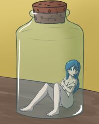 1girls aged_up ass_visible_through_thighs blue_eyes blue_hair bottle covering_breasts cum_jar cum_jar_(meme) dawn_(pokemon) female implied_cum_jar jar medium_hair micro_female micro_in_container micro_in_object mythkaz naked nintendo nude open_mouth pokemon pokemon_dppt shrunken_woman solo