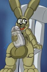 1boy anthro barefoot big_balls big_penis bunny_ears chair five_nights_at_freddy's five_nights_at_freddy's_4 genitals green_skin grey_penis handjob humanoid_penis lagomorph long_ears machine mammal masturbation metal_penis nude open_mouth penis plushie plushtrap plushtrap_(fnaf) plushtrapboyuwu rabbit sharp_teeth sitting smile solo solo_male teeth tongue