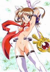 1girls breasts brown_hair erect_nipples female gloves honoo_teruki lyrical_nanoha mahou_shoujo_lyrical_nanoha mahou_shoujo_lyrical_nanoha_a's nipples nude pussy raising_heart solo staff takamachi_nanoha thighhighs uncensored wand