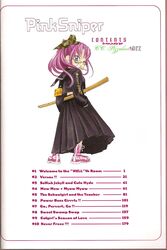 english_text glasses highres jpeg_artifacts looking_back manga mouth_hold pink_hair pink_sniper scan table_of_contents wink yonekura_kengo