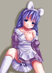 1girls blue_eyes blue_hair braid breasts bunny_ear bunny_maid_(trickster_online) cum cum_on_body cum_on_breasts cum_on_clothes cum_on_upper_body dress facial footwear kneehighs maid nipples one_breast_out sitting socks tears trickster_online twin_braids