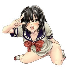 1girls 2008 black_hair blush bottomless brown_eyes clothing color digital_media_(artwork) drool drooling female female_only hair highres knee_socks kneehighs kneesocks light-skinned_female light_skin lowres mysterious_girlfriend_x nazo_no_kanojo_x no_panties peace_sign pubic_hair pussy sailor_uniform saliva school_uniform serafuku shoes socks tonbo uncensored urabe_mikoto uwabaki white_background white_socks yellow_eyes