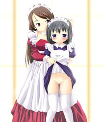 blush copyright_request dress dress_lift female female_only fluorite maid multiple_girls no_panties pussy thighhighs