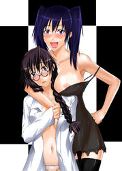 black_hair blue_eyes blush breasts d.gray-man female female_only glasses lenalee_lee lingerie long_hair lou_fa multiple_girls nipples open_clothes open_shirt panties pointy_chin rohfa shirt thighhighs tied_hair twintails underwear