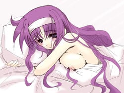 blue_eyes blush breasts frapowa long_hair lyrical_nanoha mahou_shoujo_lyrical_nanoha nipples pillow purple_hair sideboob tsukimura_suzuka