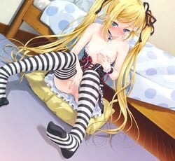 1girls bed blonde_hair blue_eyes blush breast_grab breast_hold breasts censored choker collar corset feet female female_masturbation female_only fingering flat_chest frills game_cg gothic_lolita hair_ribbon happoubi_jin kanojo_x_kanojo_x_kanojo lock lolita_fashion long_hair masturbation mosaic_censoring nipples no_panties orifushi_mafuyu pussy ribbon self_fondle sitting solo striped striped_legwear striped_thighhighs thighhighs tied_hair twintails vaginal_masturbation wrist_cuffs