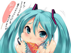 blue_hair blush cheek_bulge cheek_poke fellatio hatsune_miku headset hot_dog imazon ketchup motion_blur mustard oral penis penis_hot_dog pov sexually_suggestive tears text tied_hair translated translation_request twintails vocaloid