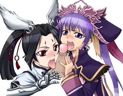 armor ayamo_kaoru black_hair blue_eyes blue_hair blush censored character_request collaborative_fellatio dong_bai fellatio gloves hat licking long_hair multiple_fellatio multiple_girls open_mouth oral penis pointless_censoring red_eyes sangokushi_taisen teamwork tied_hair tongue twintails