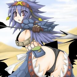 ass bag black_panties blue_hair blush breasts cameltoe capcom color desert female female_only fishnets headband long_hair monster_hunter nargacuga_(armor) nipple_slip nipples open_mouth panties red_eyes reku sideboob solo standing thong underwear