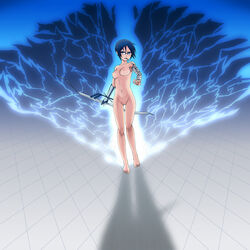 bandage bandages barefoot bleach blue_eyes blue_hair bow_(weapon) breasts female glasses high_resolution kiriyama_machi mouth_hold nude pussy quincy rule_63 shadow shaved_pussy short_hair solo tomboy uryu_ishida weapon