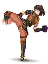 brown_eyes brown_hair cameltoe clitoris cloritin female final_fantasy final_fantasy_xi gloves headband high_kick highres hume kick kicking monk no_panties pantyhose pussy see-through short_hair solo uncensored