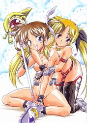 blonde_hair breasts brown_eyes brown_hair fate_testarossa female fingerless_gloves gloves honoo_teruki hug long_hair lyrical_nanoha mahou_shoujo_lyrical_nanoha mahou_shoujo_lyrical_nanoha_a's mahou_shoujo_lyrical_nanoha_strikers multiple_girls nude raising_heart red_eyes takamachi_nanoha thighhighs tied_hair traditional_media twintails very_long_hair wand yuri