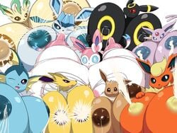 9girls all_nine_eeveelutions animal_ears anthro big_breasts black_eyes black_skin blacky_(pokemon) blue_nipples blue_skin booster_(pokemon) breast_hold breast_sucking breasts brown_eyes brown_nipples brown_skin eevee eeveelution eievui eifie_(pokemon) erect_nipples espeon flareon gigantic_breasts glaceon glacia_(evolution) huge_breasts huge_nipples inverted_nipples jolteon lactation leafeon leafia milk multiple_girls nintendo nipples norio_(pheromosa_times) nymphia open_mouth pokemon pokemon_(species) pokemon_dppt pokemon_gsc pokemon_rgby pokemon_xy purple_eyes purple_nipples purple_skin red_eyes red_skin showers_(pokemon) sylveon thunders umbreon vaporeon white_skin wink yellow_nipples yellow_skin