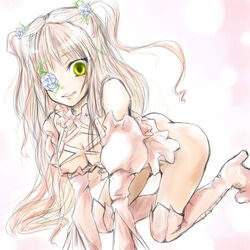 eye_patch flower green_eyes kirakishou long_hair nipple_slip nipples no_bra no_panties pink_hair rozen_maiden skirt skirt_lift