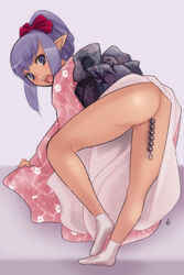 ass back bent_over censored elf elvaan fe female female_only final_fantasy final_fantasy_xi footwear hair_ribbon hair_ribbons highres japanese_clothes kimono long_hair looking_back pointy_ears prishe purple_eyes purple_hair ribbon ribbons socks solo tabi