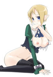 blonde_hair blue_eyes blush bottomless breasts cum cum_on_body cum_on_breasts cum_on_upper_body disgaea disgaea_2 kaida_michi magic_knight_(disgaea) nipples nippon_ichi_software pointy_ears pubic_hair thighhighs