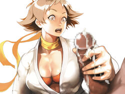 1boy 1girls bra breasts brown_eyes brown_hair censored cleavage cum dark-skinned_male dark_skin dougi female handjob highres interracial lingerie makoto_(street_fighter) male open_clothes open_shirt orange_bra penis penis_awe ryu_(street_fighter) sammohung scarf shirt short_hair sports_bra straight_hair street_fighter street_fighter_iii street_fighter_iii:_3rd_strike surprised tomboy underwear unseen_male_face