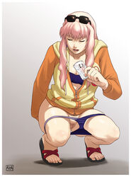 censored cleanup closed_eyes clothing eyewear_on_head feet long_hair macross macross_frontier mosaic_censoring panties panty_pull pink_hair pubic_hair pussy sandals sheryl_nome squat squatting sunglasses sunglasses_on_head tiptoes toes underwear wiping