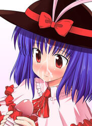 blue_hair blush cum cum_on_face ejaculation hat iku_nagae katou katou_kaiou penis penis_wrap ribbon ribbons short_hair solo touhou uncensored