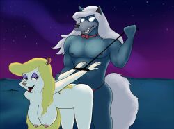 animaniacs anthro blonde_hair bowtie eyeshadow furry grey_fur large_breasts minerva_mink night open_mouth redbenjamin sharp_teeth straight warner_brothers white_eyes white_fur white_hair wilford_wolf