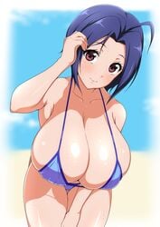 1girls 2021 ahoge arm_up armpit_crease armpits barely_clothed barely_contained beach bikini blue_bikini blue_hair blurry_background blush breasts cleavage female female_focus female_only hand_in_hair huge_breasts idolmaster jabara_tornado looking_at_viewer massive_breasts miura_azusa red_eyes sand shiny_skin short_hair smile smiling_at_viewer standing swimsuit thick_thighs thighs water white_border