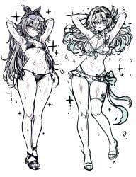 2girls armpits arms_behind_head firefly_(honkai:_star_rail) full_body greyscale honkai:_star_rail large_breasts monochrome multiple_girls sandals silver_wolf_(honkai:_star_rail) small_breasts thighs usa_(usagi_minku)