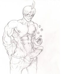 aaron_(pokemon) abs artist_request clothes erection front_view human male male_only monochrome muscles nipples penis poke_ball pokemon pokemon_dppt sketch solo tagme testicles