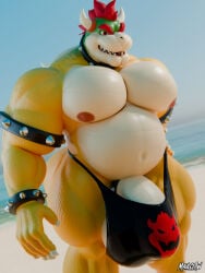 2026 3:4 3d_(artwork) accessory anthro armor barely_contained beach belly big_belly big_bulge big_muscles big_pecs big_penis bikini_thong blender_(artwork) blender_cycles_(artwork) blender_eevee_(artwork) bowser bowser_day bracelet bulge claws clipping clothed clothing cock_ring collar day detailed_background detailed_bulge digital_media_(artwork) dragon dragon_koopa finger_claws genitals hair hand_on_hip headgear huge_pecs jewelry koopa light male mario_bros maulclaw musclegut muscular muscular_anthro muscular_male mythological_creature mythological_scalie mythology nintendo nipples non-mammal_nipples outside overweight pecs penis penis_accessory penis_jewelry pink_nipples public red_eyes red_hair reptile scales scalie shell smile smirk solo spiked_bracelet spiked_cock_ring spiked_collar spikes spikes_(anatomy) summer sunlight sunny swimwear teeth thick_thighs thong topless topless_male underwear