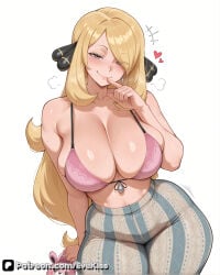 1girl 1girls ai_generated blonde blonde_hair breasts camel_toe cameltoe cleavage clothed clothed_female curvy curvy_figure cynthia_(pokemon) evekiss female female_focus female_only focus fully_clothed hair_ornament large_breasts light_skin nipples nipples_covered nipples_visible_through_clothing pokemon pussy sfw solo solo_female solo_focus teeth thick_thighs thighs tight_clothes tight_clothing uncensored wide_hips