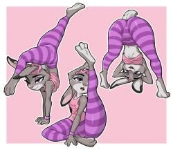 2025 3_toes 4_fingers anthro barefoot biped black_ear_tips black_ears black_eyebrows border bottomwear breasts buckteeth butt camel_toe centinel303 clothed clothed_anthro clothed_female clothing countershading dipstick_ears disney ear_markings english_text european_rabbit eyebrows eyelashes feet female female_anthro fingers flexible fur grey_body grey_ears grey_fur grey_tail half-closed_eyes hands_behind_head handstand judy_hopps lagomorph leggings legwear leporid mammal markings mouth_closed multicolored_ears narrowed_eyes no_bra one_eye_closed open_mouth oryctolagus outline pattern_bottomwear pattern_clothing pattern_leggings pattern_legwear pink_background pink_clothing pink_inner_ear pink_nose pink_scrunchie pink_shirt pink_tank_top pink_text pink_tongue pink_topwear plantigrade purple_clothing purple_eyes purple_leggings purple_legwear purple_wristband rabbit raised_leg scrunchie scut_tail shirt short_tail simple_background sitting small_breasts snout solo stretching striped_bottomwear striped_clothing striped_leggings striped_legwear stripes tail tank_top teeth text text_on_clothing text_on_shirt text_on_tank_top text_on_topwear thick_thighs toes tongue topwear two_tone_ears under_boob white_border white_outline wide_hips wristband yoga zootopia