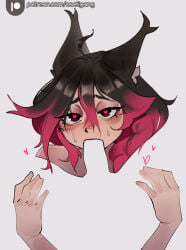 2026 animal_humanoid blush braided_hair cactigang canid canid_humanoid canine canine_humanoid fellatio femboy first_person_view fox_humanoid hair heart_eyes heart_symbol hi_res humanoid inner_ear_fluff invisible invisible_penis male male/male mammal mammal_humanoid negative_space negative_space_oral_(meme) obscured_oral oral penile sasha_(cactigang) sex simple_background solo tuft