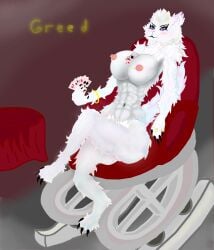 7_deadly_sins absurd_res ace_of_clubs ace_of_diamonds ace_of_spades action_pose alt_fashion anthro armband bangle barbell_piercing boy_kisser_(meme) bracelet breasts card card_suits clothing digit_ring domestic_cat felid feline felis female finger_ring four_of_spades front_view full-length_portrait fur furniture genitals girlkisser greed hatless hi_res jewelry maine_coon mammal meme neonhermit4444 nipple_barbell nipple_piercing nipples piercing playing_card portrait pose rocking_chair silly_cat sitting solo text thick_thighs vulva white_body white_fur wide_hips