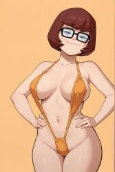 1girls ai_generated bikini breasts brown_hair clothing eyelashes female female_only glasses hands_on_hips human human_only light-skinned_female light_skin looking_at_viewer mature mature_female mostly_nude mostly_nude_female navel orange_bikini scooby-doo short_hair simple_background smile solo solo_female solo_focus velma_dinkley