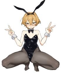 1boy 2d bulge bulge_through_clothing bunny_ears bunnysuit digital_media_(artwork) embarrassed light-skinned_male light_skin limbus_company looking_up male male_only peace_sign project_moon simple_background sinclair_(limbus_company) sitting solo tights video_games white_background yellow_eyes yellow_hair