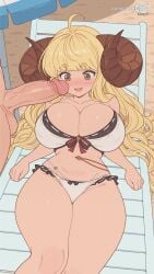 ai_assisted ai_generated anila_(granblue_fantasy) anila_(summer)_(granblue_fantasy) bare_legs bare_shoulders beach big_breasts big_horns bikini bikini_bottom bikini_top blonde blonde_female blonde_hair blush breasts brown_eyes curvy curvy_body curvy_female draph draph_race_(granblue_fantasy) embarrassed flustered granblue_fantasy horns huge_breasts imminent_sex large_breasts long_hair lying lying_on_back moonwool_branch on_back open_mouth penis_on_face sheep_horns shortstack surprised swimsuit thick_ass thick_thighs thighs uncensored very_long_hair