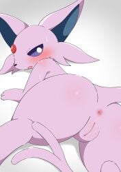 3_toes absurd_res anus black_nose blue_inner_ear blush blush_lines bodily_fluids butt eeveelution espeon feet female feral forehead_gem forked_tail fur gem generation_2_pokemon genitals gradient_background hi_res looking_back mammal nintendo nude open_mouth pink_body pink_fur pokemon pokemon_(species) purple_sclera quadruped satoumizu672 simple_background solo sweat sweatdrop tail thick_thighs toes unusual_anatomy unusual_tail vulva white_eyes
