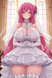 1girl ai_generated bangs bare_shoulders blush breasts bridal_veil bride cleavage closed_mouth dorothy_(nikke) dress elbow_gloves gloves goddess_of_victory:_nikke hair_bun huge_breasts jewelry long_hair looking_at_viewer nikke own_hands_together pink_hair purple_eyes see-through smile solo thick_thighs thighhighs thighs veil wedding_dress white_dress white_gloves white_thighhighs window