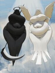 2girls angel angel_wings animated artist_request big_ass big_breasts big_butt boobs breasts chubby_female fallen_angel gif halo scythe sky sky_background thick_hips thick_thighs wide_hips wings