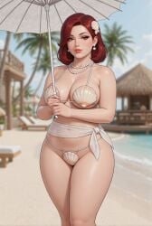 ai_assisted ai_generated beach beach_hut belly_button_visible_through_clothing bikini bikini_strings black_outline blurry_background cleavage cloth_belt crimson_hair earrings eyelashes eyeshadow fabric_belt female female_only gemini hair_ornament hair_over_one_eye holding_parasol holding_umbrella hourglass_figure inner_sideboob large_breasts light-skinned_female lipstick looking_at_viewer mature_female medium_hair micro_bikini midriff milf mommy necklace parasol pearl_earrings pearl_necklace red_hair red_pupils resort revealing_clothes rgomez007 scarf_around_waist seashell seashell_bikini seductive_look self_upload sheer_clothing shell_bikini shell_bra shell_hair_ornament sideboob skimpy skimpy_clothes smiling_at_viewer solo_female stable_diffusion swimsuit thatched_roof thick_lips thick_thighs tied_clothing tropical tropical_setting umbrella underboob voluptuous waist_scarf waves wide_hips