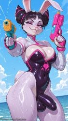 1girl ai_generated aiming_at_viewer animal_ears bangs bare_shoulders beach black_hair blue_sky breasts bulge cleavage cloud colored_skin covered_navel cowboy_shot day decurse detached_sleeves dual_wielding erection eyelashes eyeshadow fake_animal_ears fingerless_gloves furry furry_female futanari gloves grin highleg holding holding_water_gun juri_han leotard looking_at_viewer makeup medium_breasts ocean one_eye_closed outdoors penis pink_eyes playboy_bunny purple_eyes purple_eyeshadow rabbit_ears rabbit_tail shiny shiny_clothes shiny_skin sky smile solo standing street_fighter tail teeth testicles thighs water water_gun wet wet_clothes