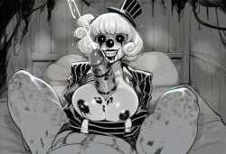 1boy 1girls ai_generated athletic_female black_and_white breasts cheek_press clowie_(paigen) clown clown_girl clown_nose cum cumdrip curled_hair curly_hair dot_eyes ejaculation facejob female freckles gloves hat horror horror_(theme) hugging_breasts human human_penetrating large_breasts leaking_nipples light-skinned_male lipstick_mark lipstick_on_breast lipstick_on_penis looking_at_viewer male medium_hair mime mime_girl monochrome monster_girl nipples open_clothes original original_character paigen paizuri penis pin_stripes pov ringmaster running_makeup sharp_teeth shirt side_ponytail skinny striped_suit titfuck titjob white_eyes white_hair