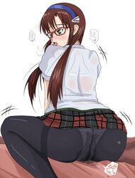 1girls blush bra breasts brown_hair clothed_masturbation clothes clothing crotch_rub eyewear female glasses green_eyes hair hairband human light-skinned_female light_skin lingerie long_hair mari_illustrious_makinami masturbation miniskirt neon_genesis_evangelion nu_ru_ha_chi nullhachi panties panties_under_pantyhose pantyhose plaid plaid_skirt pussy_juice rebuild_of_evangelion red_hair school_uniform see-through see-through_clothing skirt solo sweat sweat_stain tartan through_panties tied_hair twintails underwear wet_panties