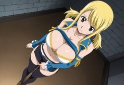 1girl ai_generated anime anime_style bare_shoulders black_skirt black_thighhighs blonde_hair breasts brown_eyes brown_footwear cleavage closed_mouth clothes_lift collarbone detached_sleeves earrings fairy_tail from_above hentai hi_res jewelry large_breasts long_hair looking_at_viewer lucy_heartfilia midriff miniskirt mystic_maidens navel patreon skirt solo standing thighhighs tube_top twintails