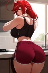1girl ahoge ai_generated artist_name ass bangs bare_shoulders breasts eyebrows_visible_through_hair hair_intakes hi_res high_quality high_resolution high_school_dxd indoors large_breasts long_hair looking_at_viewer looking_back patreon red_hair red_shorts rias_gremory seductive sexy shorts smile solo thighs uncensored watermark window