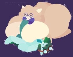 2026 accessory animate_inanimate anthro balls big_breasts big_butt big_penis biped blue_body blush blush_lines bovid bow_tie breast_play breasts butt caprine cocoaberry digital_media_(artwork) duo english_text equid equine eyelashes eyes_closed eyewear eyewear_on_head fan_character featureless_breasts featureless_feet feet female flat_colors genitals glasses goggles goggles_on_head green_hair gryphxander hair hi_res huge_breasts huge_butt huge_penis huge_thighs living_plushie lovedoll_toy_factory lying male male/female mammal monotone_body mostly_nude narrowed_eyes necktie on_back open_mouth penis plushie purple_background sex shaking sheep simple_background size_difference tail tan_body text thick_thighs three-quarter_view titfuck