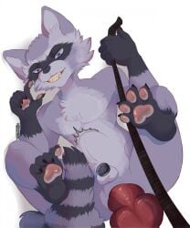 abdominal_bulge animal_genitalia animal_penis anthro arms_bent bent_legs blue_eyes canid canine canine_genitalia canine_penis chastity_cage chastity_device chest_tuft claws dominant dominant_in_chastity duo fangs feet first_person_view flat_chastity_cage fluffy fluffy_tail frank22young genitals hi_res knot knotted_penis leash leash_pull leashed_pov legs_up lying male male/male mammal neck_tuft on_back paws penis power_bottom procyonid raccoon sharp_teeth smile solo tail teeth tuft unsupported_chastity_cage